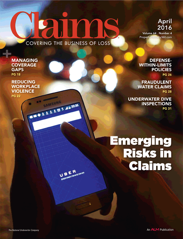 Claims Magazine cover, April 2016